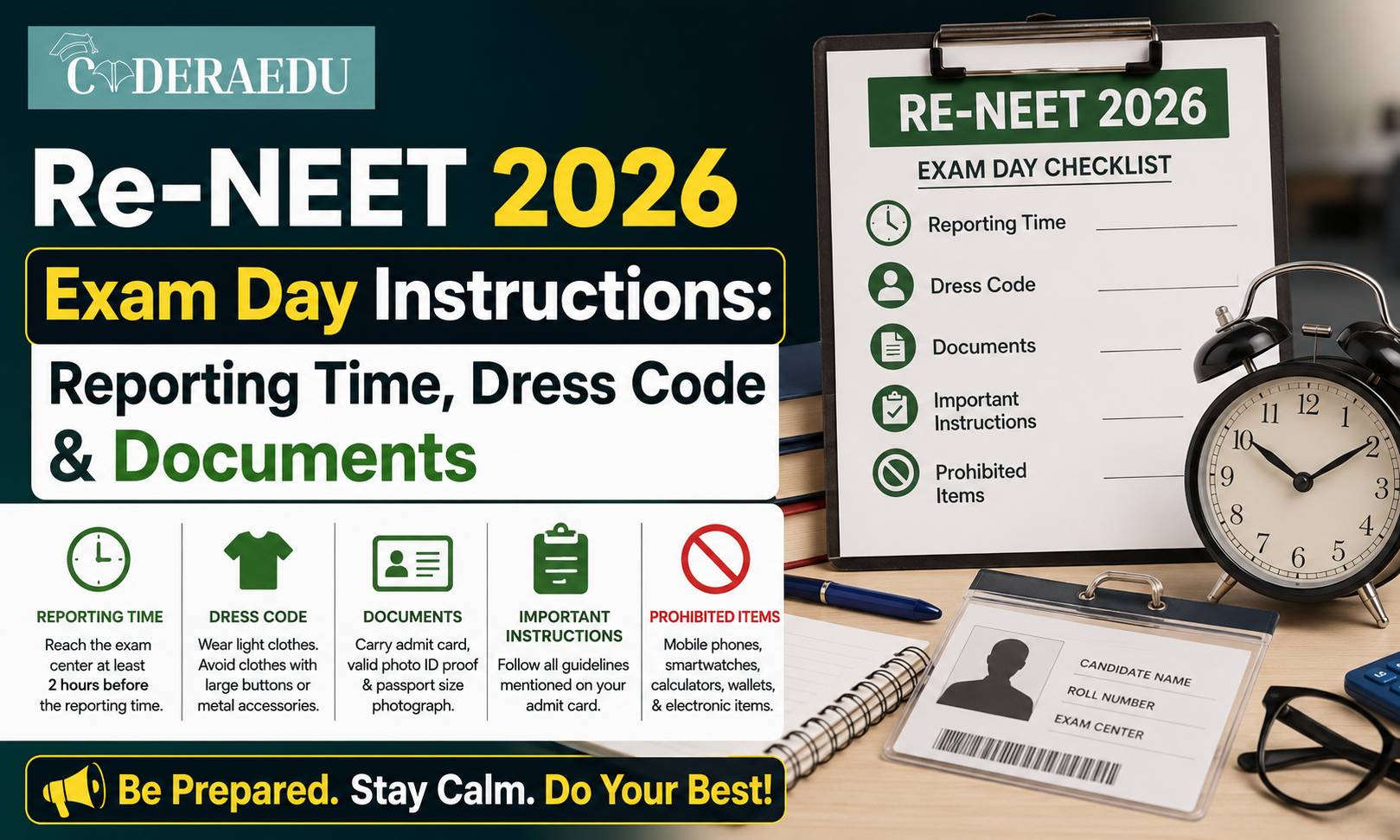 Re-NEET 2026 Exam Day Instructions showing reporting time dress code and documents required for NEET candidates