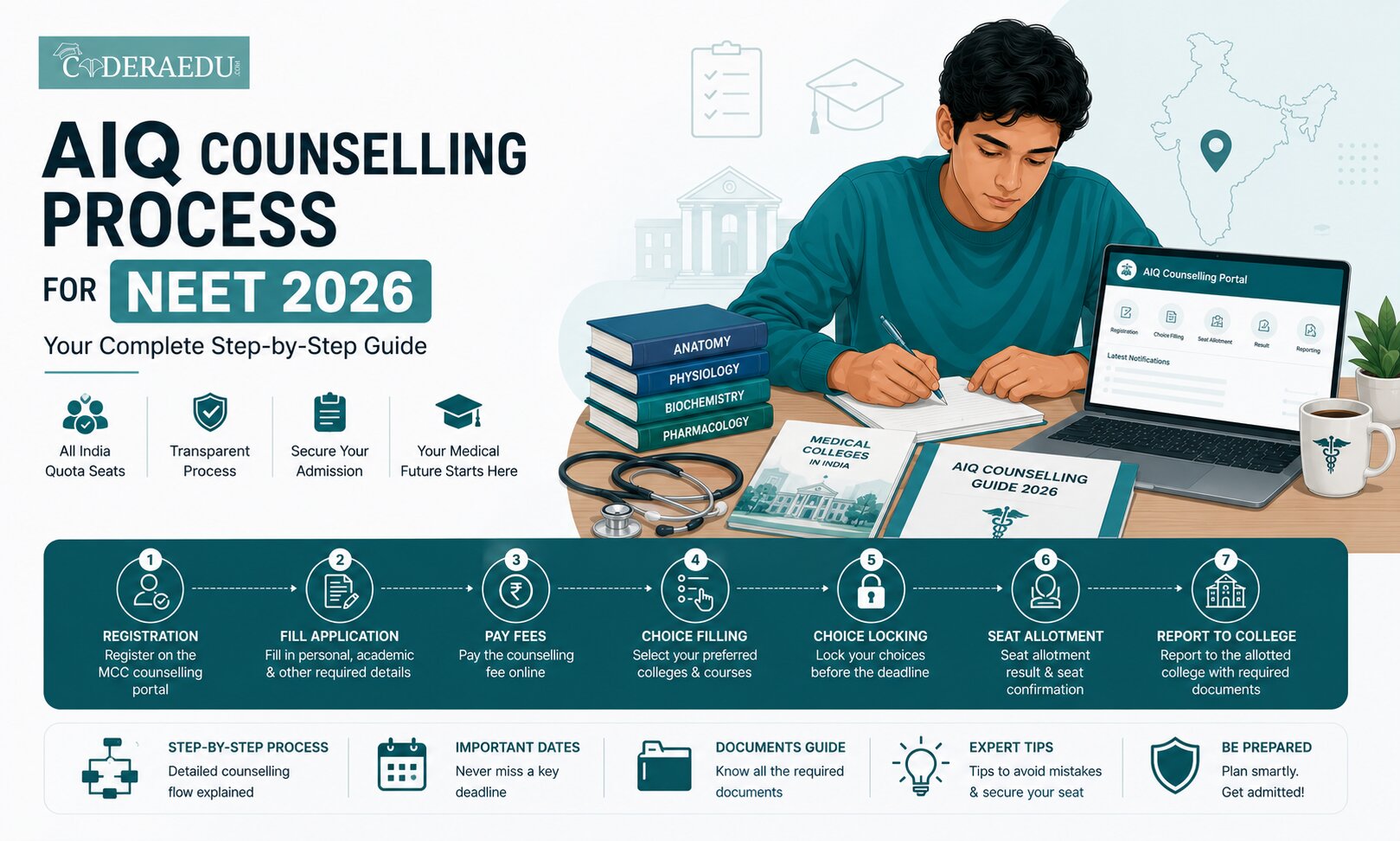 AIQ Counselling 2026 process for NEET — student filling college choices on MCC portal with AIIMS and government medical college list