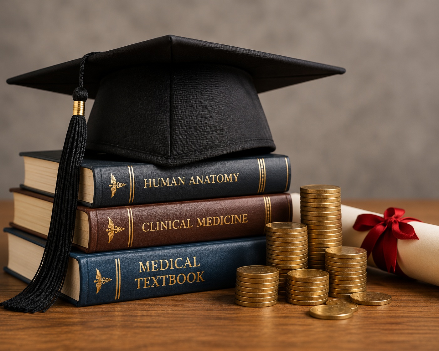 Graduation cap placed on stacked books and coins