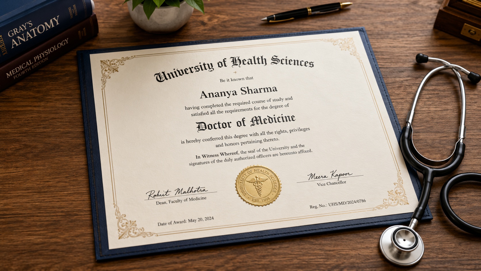 Medical degree certificate with stethoscope on wooden table